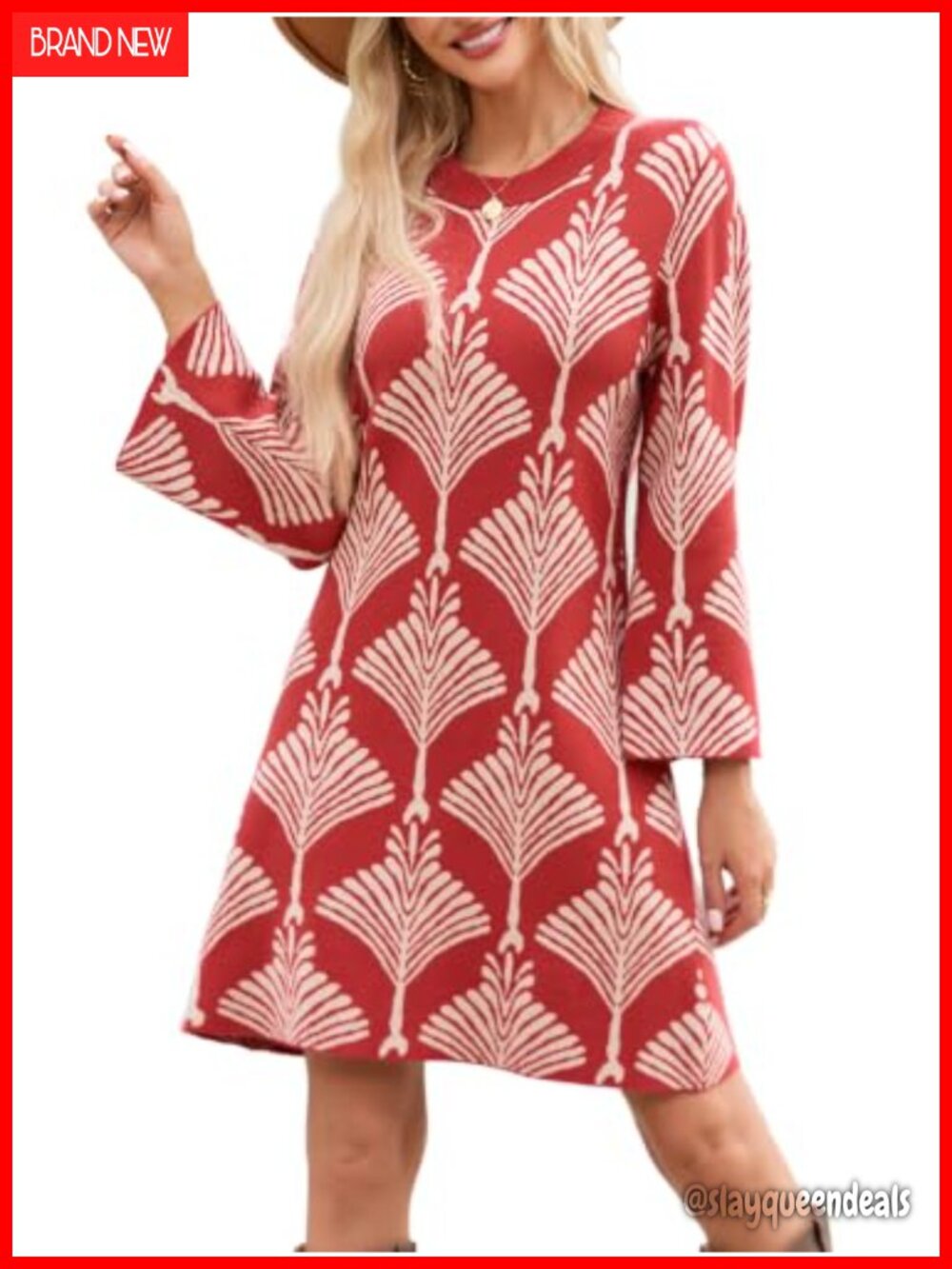 Jacquard Knit Sweater Dress A-Line Mini Crew Neck 3/4 Sleeve Fall Casual